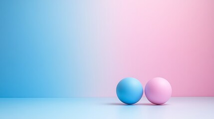 minimalist abstract Illustration featuring spherical objects placed on a smooth surface on a gradient background blend of blue transitioning to pink creating a soft, pastel ambiance.