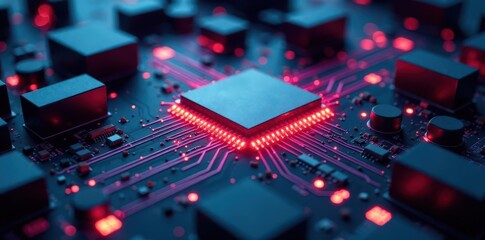 Intricate Circuit Board with Illuminated Central Processing Unit, Glowing Pathways and Components