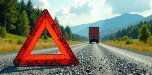 A weathered red emergency triangle rests on a gravel road, a distant semi-truck visible on the horizon amidst a serene landscape of evergreen trees and rolling hills.