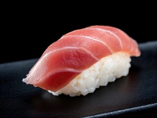 Fresh tuna sushi on dark plate, close-up