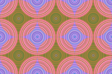 細い重なり合う多重の円のシームレス模様 ピンク 紫 緑 オレンジ