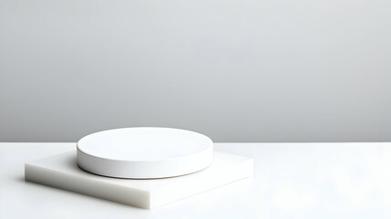Minimalist White Product Display With Geometric Shapes Against Soft Gray Backdrop