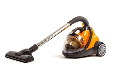 
Modern orange vacuum cleaner with sleek design isolated on a white background