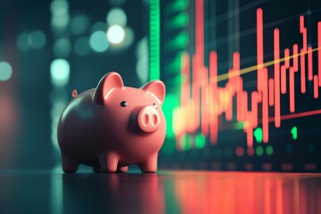 Piggy Bank Against Financial Graph with Rising Trend on Blurred Background
