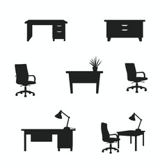 Fototapeta premium Office Furniture Silhouettes: Vector set of workspace essentials including desks, chairs, and lighting for professional design projects. Modern and minimalist.
