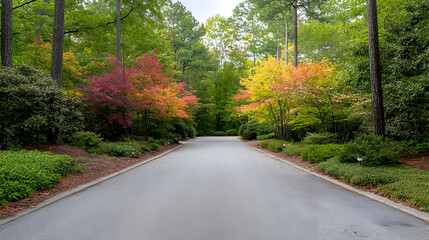 Obraz premium Pathway Leading Through Garden Lined By Colorful Trees And Green Shrubs Under Cloudy Sky