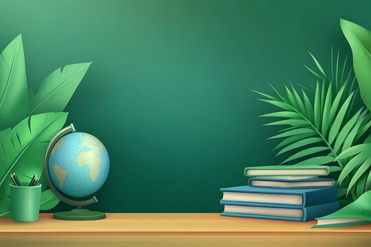 Globe, books, plants sit on a desk in front of a chalkboard, green background for education
