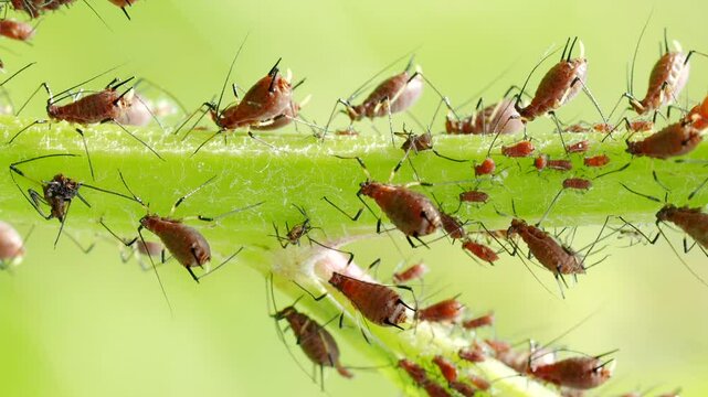 Closeup of Aphid colony - Hemiptera: Aphididae - on plant stem in VERTICAL 4K VIDEO. Macro footage of insect pests - plant lice, greenfly, blackfly or whitefly - sucking juice from plant.