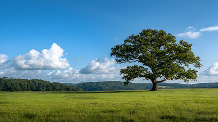 Fototapeta premium Isolated Oak Tree in a Green Field Under a Blue Sky with White Clouds in Sunlight