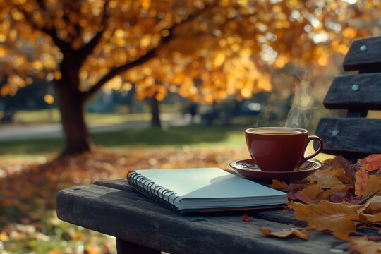 Enjoying a warm cup of coffee in autumn with falling leaves and a notebook in a tranquil park