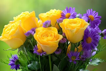 Vibrant yellow roses and purple daisies bouquet.