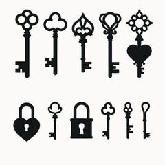 Collection of decorative key and padlock designs. Vector illustration featuring a variety of vintage-style keys and locks in a simple graphic format.