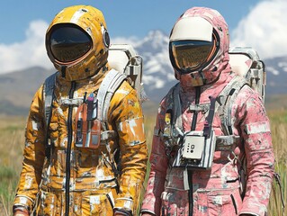 Two astronauts, one yellow, one pink, stand near mountains. Outdoor adventure