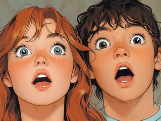 Two children with wide eyes and open mouths express awe and surprise