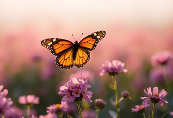 Fototapeta premium Monarch Butterfly Flying Among Pink Flowers in a Gentle Meadow