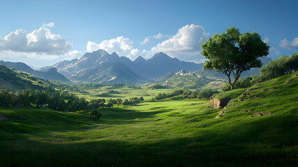 Fototapeta premium Scenic Valley View With Lush Green Meadow And Mountains Under Sunny Sky