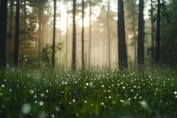 Morning light filters through trees in a misty forest filled with dew-kissed grass and tranquility
