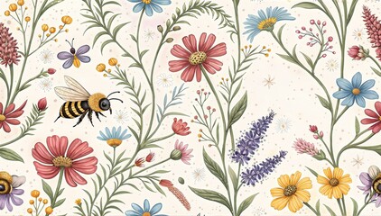 Botanical floral pattern with bees, vintage nature illustration