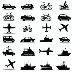 Obraz premium Transportation icons: cars, bikes, boats, planes, and more. A vector illustration of various modes of transport in simple silhouette shapes.