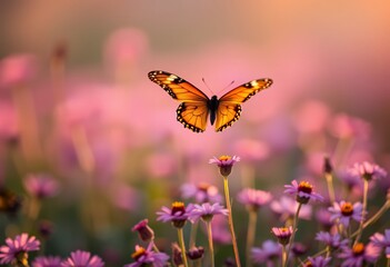 Obraz premium Butterfly flying over flowers in a dreamy pink and orange meadow