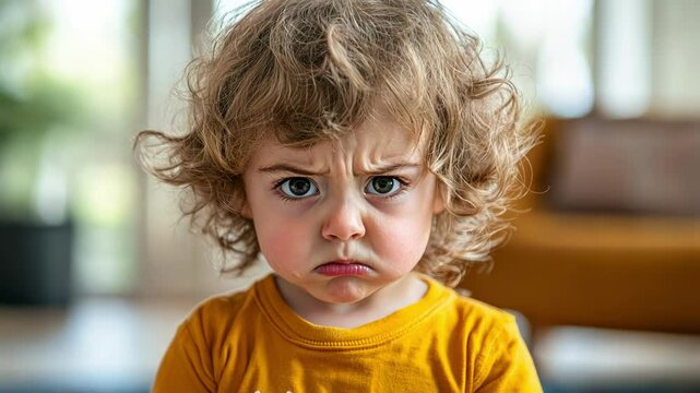 A serious toddler with curly hair displaying a frown indoors.