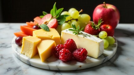 A delectable arrangement of assorted cheeses and fresh fruits, artfully presented on a marble platter, creating a visually appealing and flavorful culinary masterpiece.