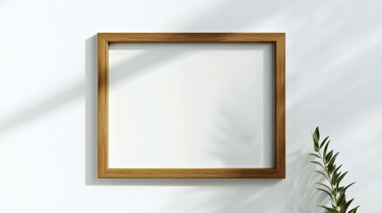 Empty Wooden Frame Mockup on White Textured Wall with Plant Casting Shadows Minimalist Interior Design and Blank Canvas for Artwork or Photography Display