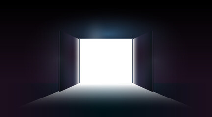 Open double door with light going through it. Dark horror room.