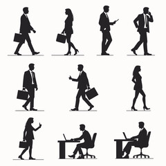 Silhouettes of business professionals are depicted in various activities such as walking, talking on the phone, looking at phones, and working at desks.