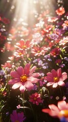 Vibrant blooms bask in radiant light, filling a field. Nature's beauty abounds