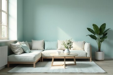 Serene Living Room with Light-Colored Sectional Sofa, Wooden Coffee Table, and Lush Greenery
