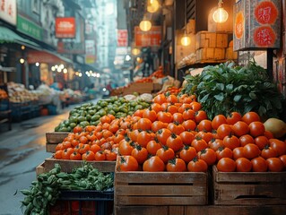 Vibrant fruit and vegetable display in a bustling, lively street market scene