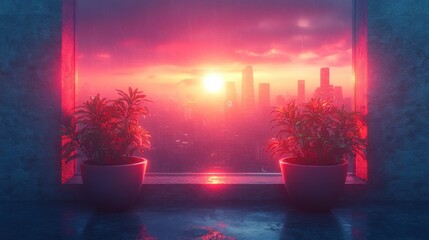 Vibrant cityscape sunset viewed from a window with plants in flowerpots
