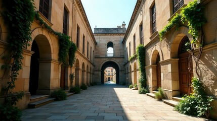 Fototapeta premium Sunlit Courtyard of an Ancient Stone Structure with Archways and Lush Vines
