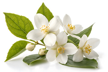 Fototapeta premium Jasmine flowers with glossy green leaves on stem against white background with copy space