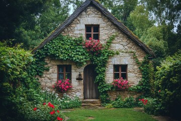 Fototapeta premium Charming stone cottage adorned with vibrant flowers nestled in a lush garden during summer