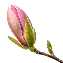 Magnolia bud about to bloom with pink sepals against white background with copy space