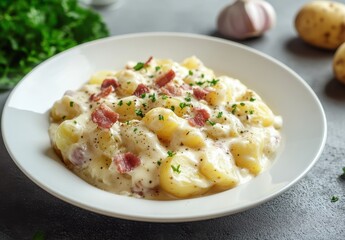 Creamy Potato Dish with Bacon Toppings and Fresh Herbs on a Gray Surface Surrounded by Garlic and Potatoes for Culinary Delight