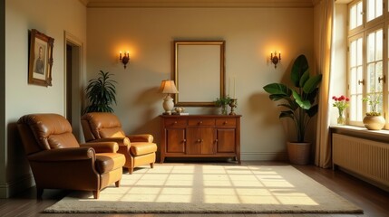 Relaxing living room interior design with comfortable leather armchairs, antique wooden sideboard, and elegant wall decor
