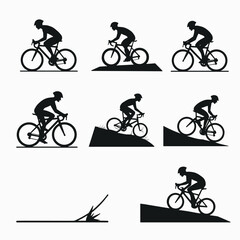 Obraz premium Silhouetted cyclists ride on various terrains, showcasing athleticism and outdoor cycling. These black figures contrast against the neutral background.