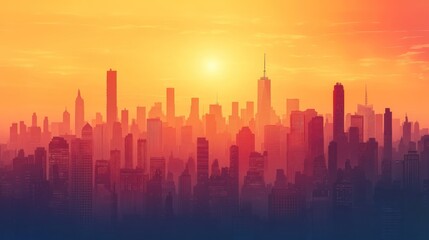 Cityscape Sunset Silhouette: A breathtaking panorama of a modern metropolis bathed in the warm glow of the setting sun, creating a dramatic and vibrant skyline.