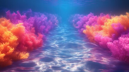 Vivid coral lines a blue, sunlit riverbed underwater in a calming ambiance