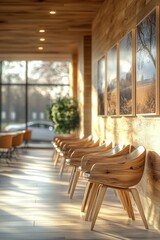 Warm, bright waiting area with natural wood chairs and scenic artwork