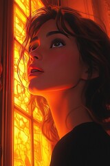 Warm light illuminates a woman by the window, looking upwards dreamily