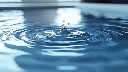 Water droplet creates concentric ripples; glistening, liquid, clear pool of water