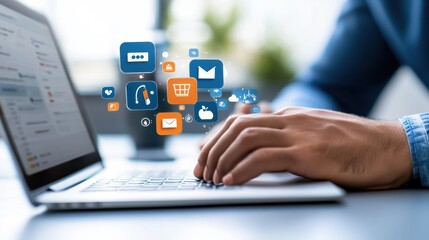 Person Using Laptop with Digital Marketing Icons