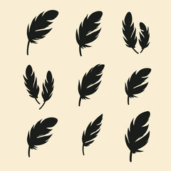 Feather Pattern: A collection of stylized black feather silhouettes on a beige background, evoking lightness and natural beauty in a simple design.
