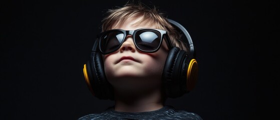 Cool Caucasian boy wearing sunglasses and headphones looking up in a dark studio Concept of music, childhood, and technology