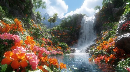 Waterfall cascades amidst lush greenery & vibrant flowers in the nature