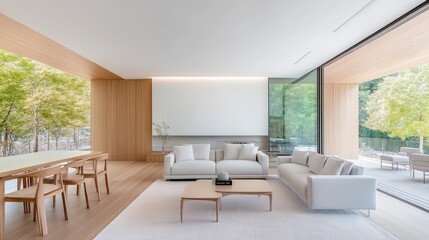 Fototapeta premium Modern minimalist living area with panoramic views. A spacious, light-filled interior boasts clean lines, natural materials, and large windows overlooking a tranquil garden. 